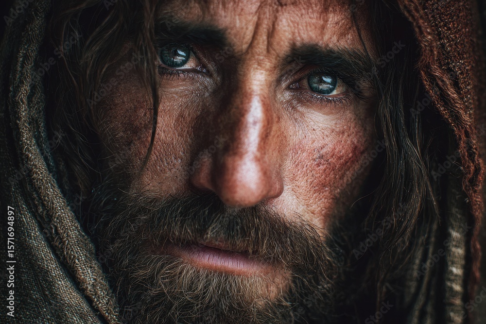 Obraz premium Portrait of Jesus Christ, Son of Man, revealing intense emotions and deep spirituality, captured with rich details and dramatic lighting in a close-up composition