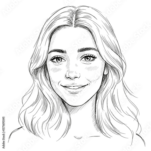 Blushing young woman with wavy hair feeling shy on white background
