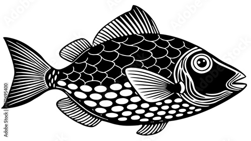 Black and white illustration of a triggerfish swimming underwater  