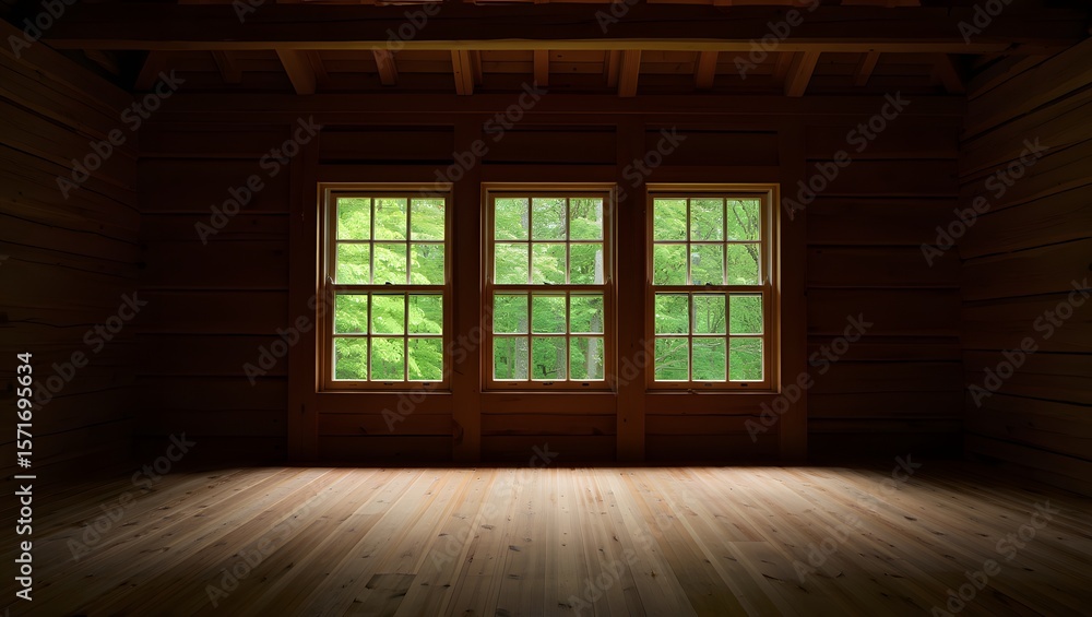 Fototapeta premium Empty room with three windows. The sunlight streams through the windows, illuminating the wooden floor