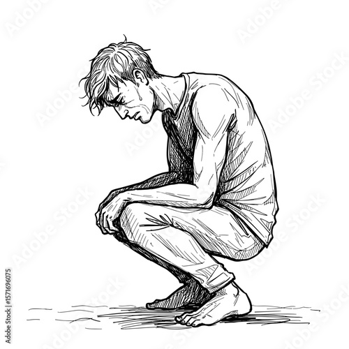 Despondent young man crouching on the floor in despair on white background