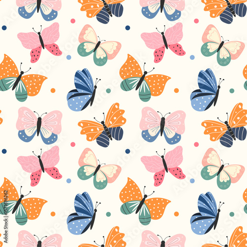 Colorful vector pattern with different butterflies. Perfect for spring and summer designs, kids products and nursery prints.