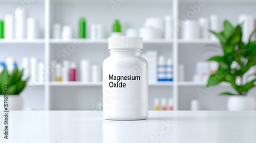 A white bottle labeled 'Magnesium Oxide' sits on a clean surface with blurred background elements, portraying a health-focused theme.