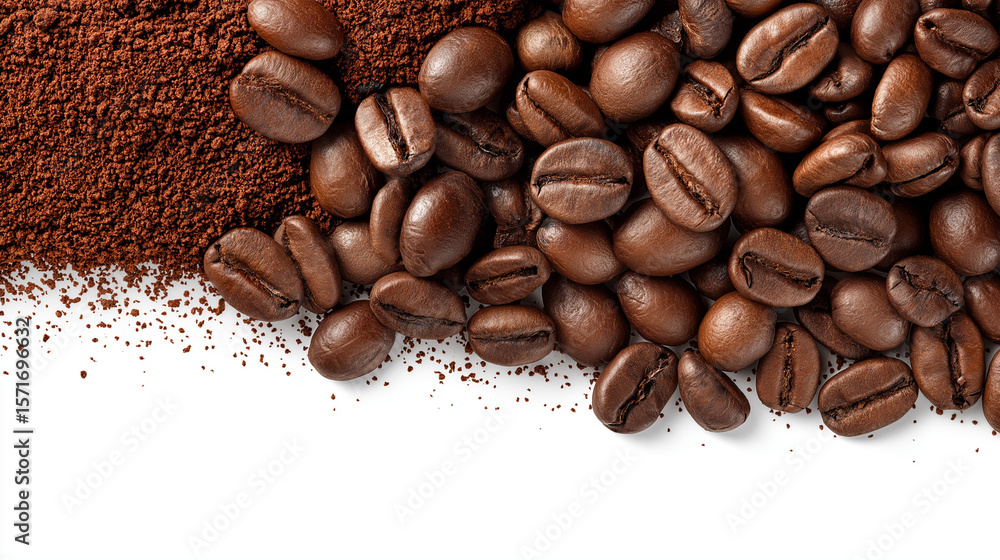 Naklejka premium coffee beans and powder on corner with white center, ai