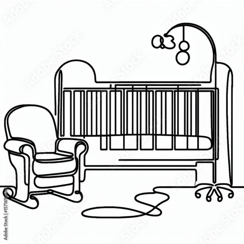 baby cot bedside nursing chair,  Minimalistic nursery furniture sketch with a calm aesthetic for baby care copy space