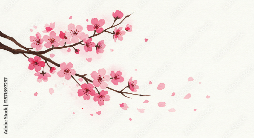 Cherry blossom branch in watercolor with petals blowing in the wind and light pink tones in minimal Japanese style Cherry blossom branch in watercolor with petals blowing in the wind and light pink tones in minimal Japanese style