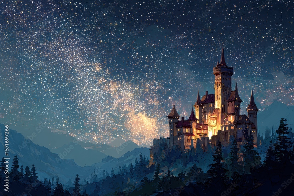 Fototapeta premium Magical castle illuminated at night under a dazzling starry sky with a backdrop of mountains and forests in a fantasy landscape