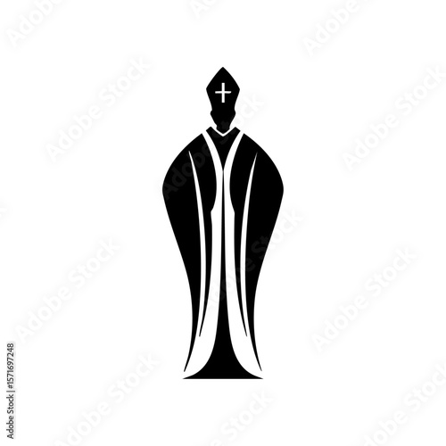 Abstract black bishop figure in robe with cross on hat, symbolizing ecclesiastical authority and tradition.

