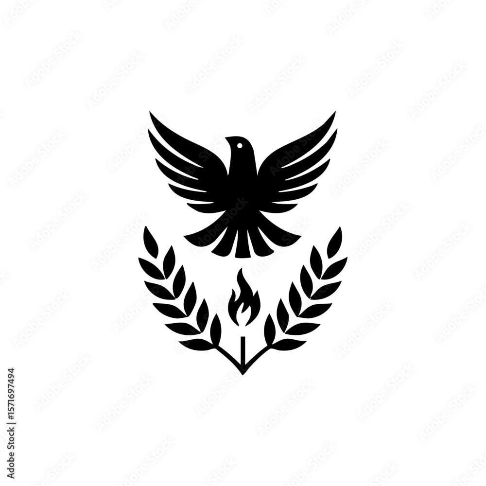 Obraz premium Minimalist emblem of a rising dove above flame and wheat, representing peace, the Holy Spirit, and spiritual harvest. 