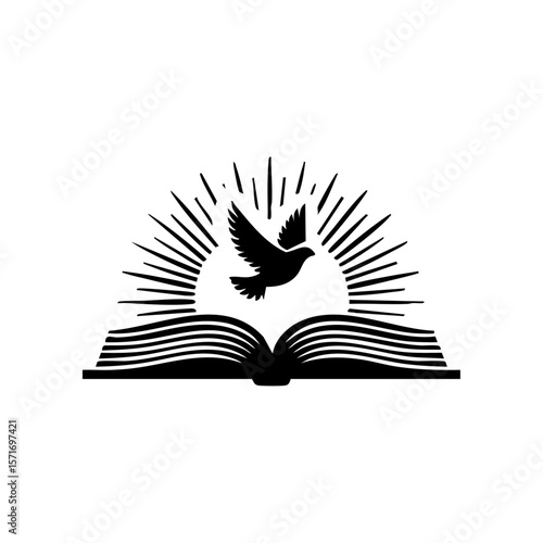 A radiant dove rising from an open Bible in a light burst, symbolizing holy enlightenment, spiritual awakening, and the power of the Word of God.
