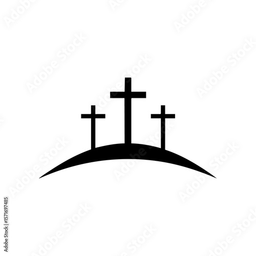 Minimalist vector logo of three crosses on a hill, representing the crucifixion scene on Calvary and Christian salvation symbolism.
