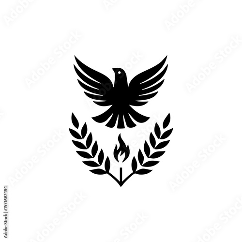 Minimalist emblem of a rising dove above flame and wheat, representing peace, the Holy Spirit, and spiritual harvest.
