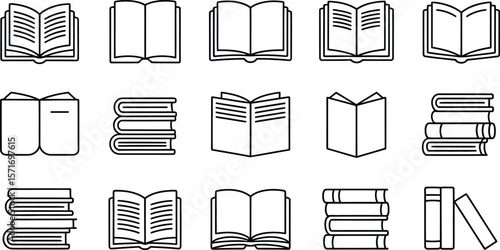 Vector line art book icons: open, closed, stacked, simple style