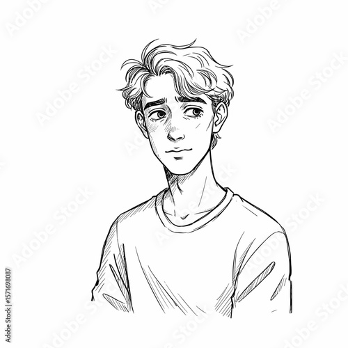 Blushing young man with wavy hair feeling love and shyness on white background