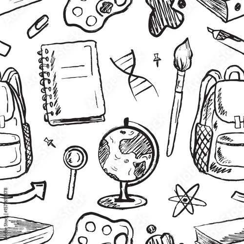 Back to school seamless pattern with backpack, school equipment in black brush stroke texture isolated on white. Hand drawn vector sketch illustration in vintage charcoal ink. Notebook cover design