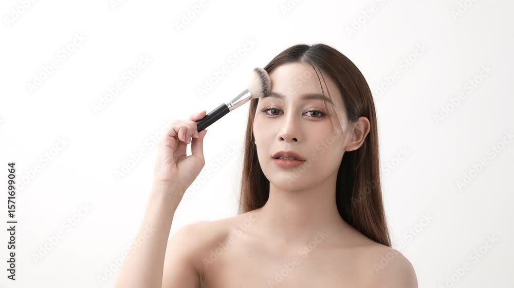 Beauty concept of 4k Resolution. Asian woman smiling with confidence in makeup with a brush on a white background. Beauty concept of 4k Resolution. Asian woman smiling with confidence in makeup with a brush on a white background.