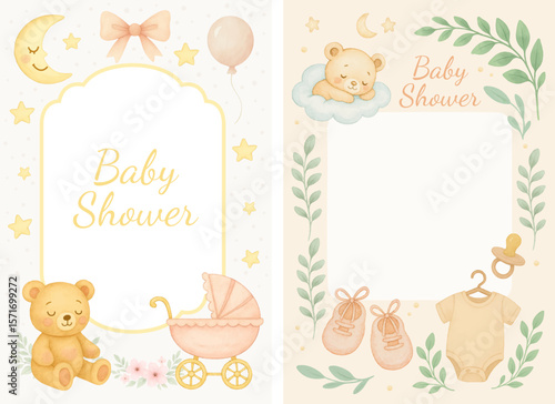 Watercolor baby shower card with teddy bear, baby carriage, balloon, and flowers in soft pastel colors, ideal for invitations, nursery prints, and celebration decor. Vector illustration.