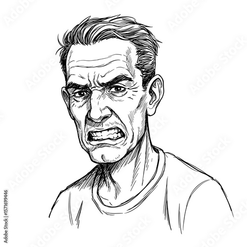 Angry man expressing rage and frustration on white background
