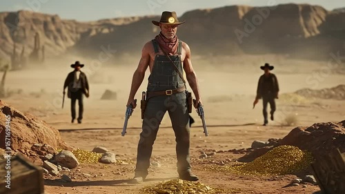 Old west outlaw stands guard over his gold in arid landscape, a tense standoff