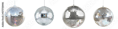 Set of silver disco balls hanging, isolated on transparent background

