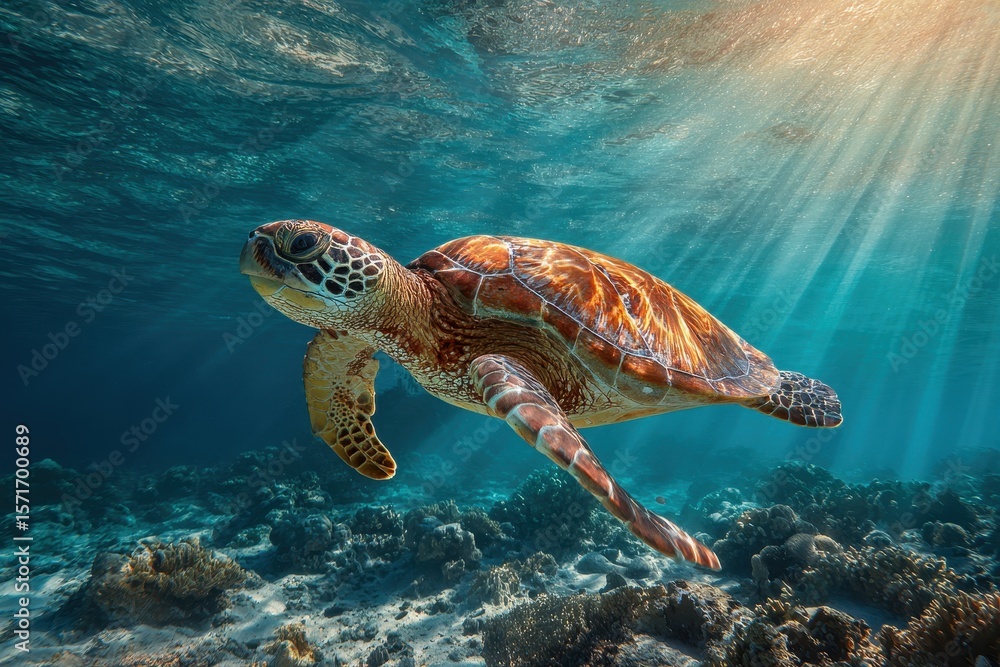 Fototapeta premium Wild turtle gracefully floating over vibrant coral reefs in clear blue waters during bright daylight hours