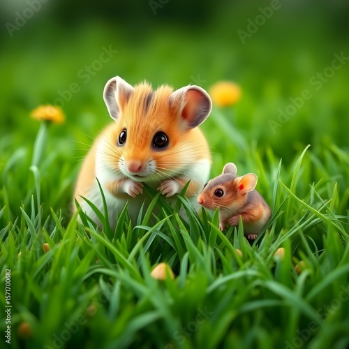 There are two lovely little animals among the green grass.