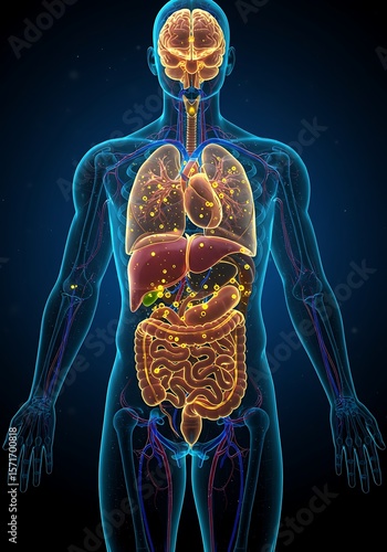 Anatomical illustration of a human body with visible internal organs, including the brain, lungs, heart, liver, and intestines, highlighted with glowing particles.