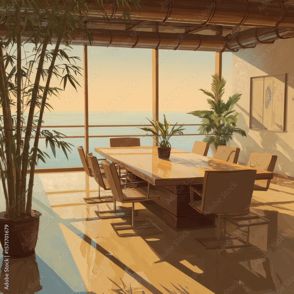 Fototapeta premium Sunny conference room with ocean view, plants, and a long table