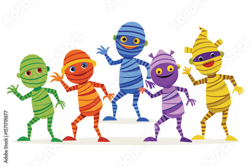 Five colorful cartoon mummies waving hello mummy halloween