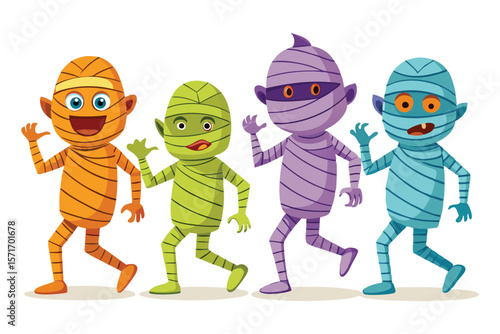 Four colorful cartoon mummies walking mummy halloween