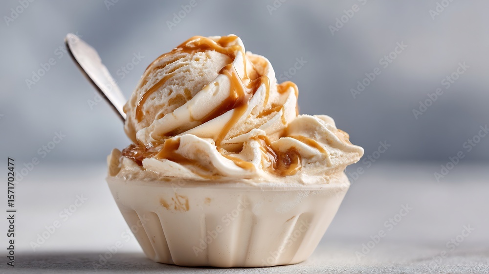 Open ice cream tub filled creamy caramel ice cream and swirl details with spoon placed on top isolated on soft gray background Open ice cream tub filled creamy caramel ice cream and swirl details with spoon placed on top isolated on soft gray background