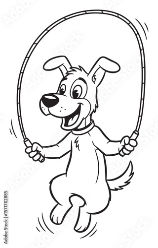 Cartoon Dog Skipping Rope, Black and White Outline Illustration