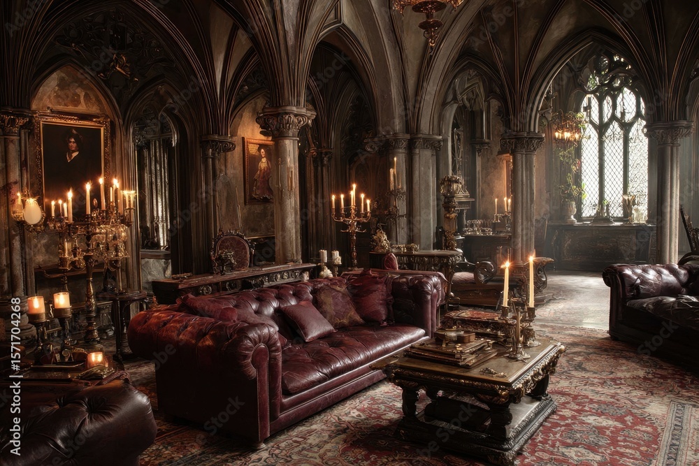 Fototapeta premium Luxurious Gothic living room adorned with elaborate furnishings and ambient candlelight creating an enchanting atmosphere in an opulent estate