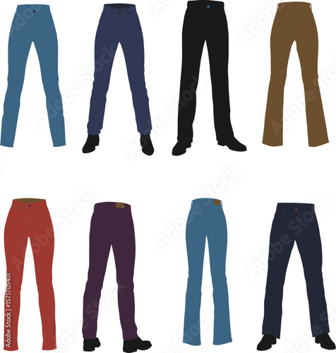 Vector illustration set of diverse denim jeans and casual pants in various styles, colors, and cuts for men and women, representing fashion, apparel, and everyday wear concepts.