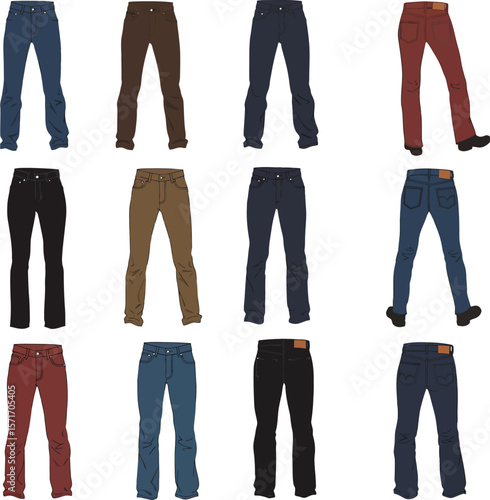 Vector illustration set of diverse denim jeans and casual pants in various styles, colors, and cuts for men and women, representing fashion, apparel, and everyday wear concepts.
