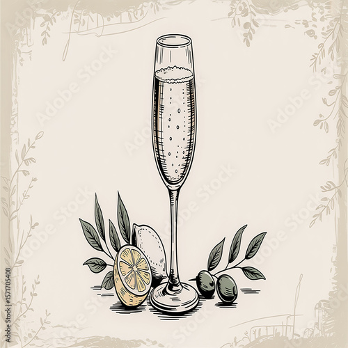 Hand drawn champagne flute with lemon and olives drink beverage