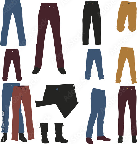 Vector illustration set of diverse denim jeans and casual pants in various styles, colors, and cuts for men and women, representing fashion, apparel, and everyday wear concepts.