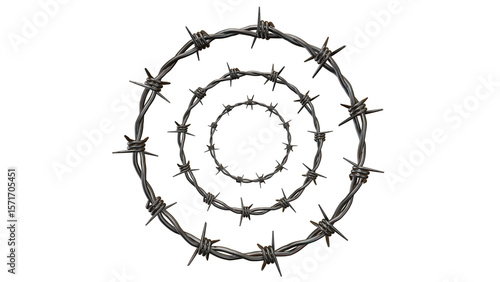 Multiple barbed wire rings form a unique pattern against a transparent background, creating a sense of confinement and texture.