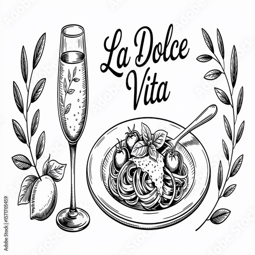 Hand drawn ink illustration of Italian food and drink vintage pasta