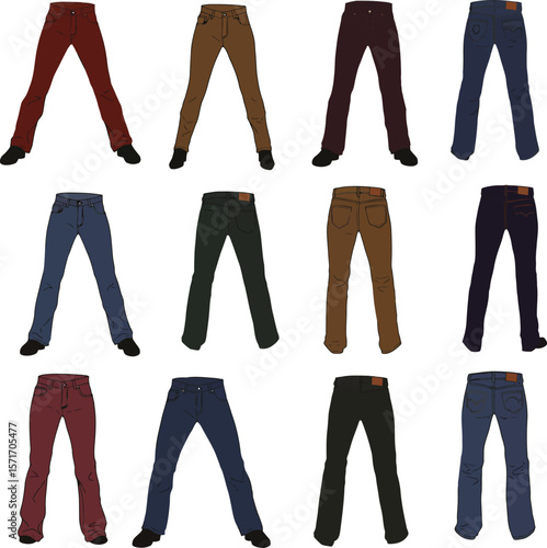 Vector illustration set of diverse denim jeans and casual pants in various styles, colors, and cuts for men and women, representing fashion, apparel, and everyday wear concepts.