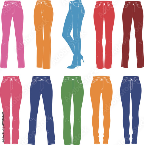 Vector illustration set of diverse denim jeans and casual pants in various styles, colors, and cuts for men and women, representing fashion, apparel, and everyday wear concepts.