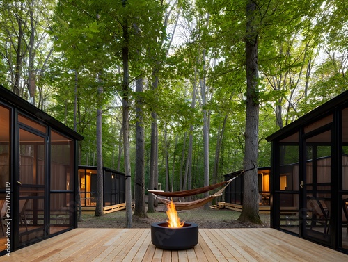 a pair of cabins nestled in a forest setting with a bonfire in the foreground.
