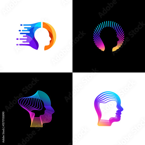 vector logo set network technology human face Abstract design geometric elements. Modern digital technology sign and colorfull