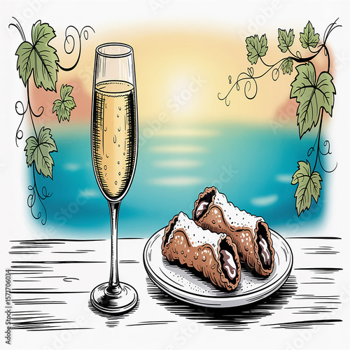 Sparkling beverage and sweet pastries by the sea champagne flute cannoli