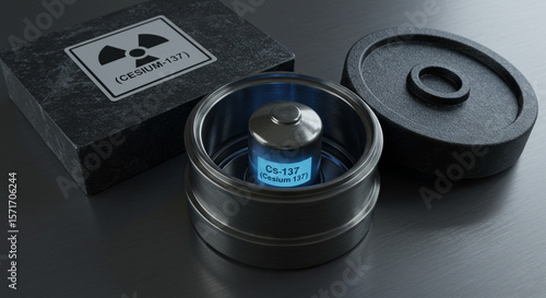 A close-up shot of a dangerous radioactive cesium-137 container. 