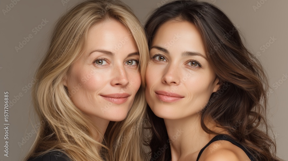 Two women with glowing skin smiling warmly, showcasing friendship and natural beauty in an intimate portrait setting. Two women with glowing skin smiling warmly, showcasing friendship and natural beauty in an intimate portrait setting.