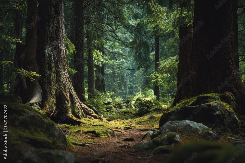 Naklejka premium Explore a serene fantasy forest landscape filled with dense greenery, towering trees, and soft, diffused light filtering through the foliage during a tranquil afternoon