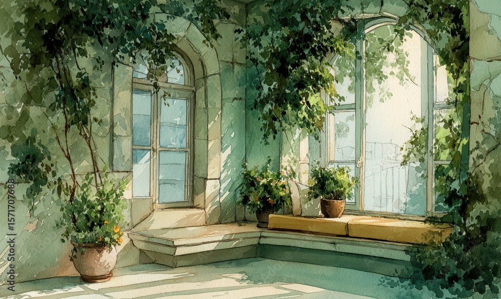 Fototapeta premium Watercolor depiction of a light-filled, vine-covered interior space