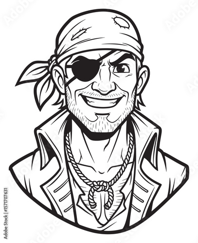 Cartoonish Portrait of a Grinning Pirate with Eyepatch and Bandana in Bold Line Art