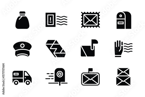Post office icons including mailbag cap van stamp mailbox and envelopes vector
